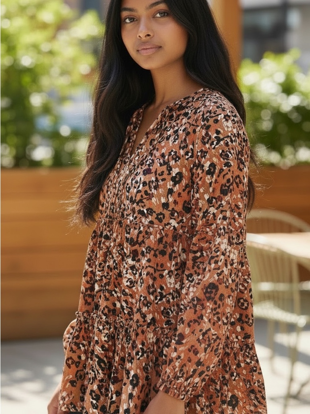 XS beachlunchlounge Rust Leopard Print V-Neck Tiered Tunic or mini dress